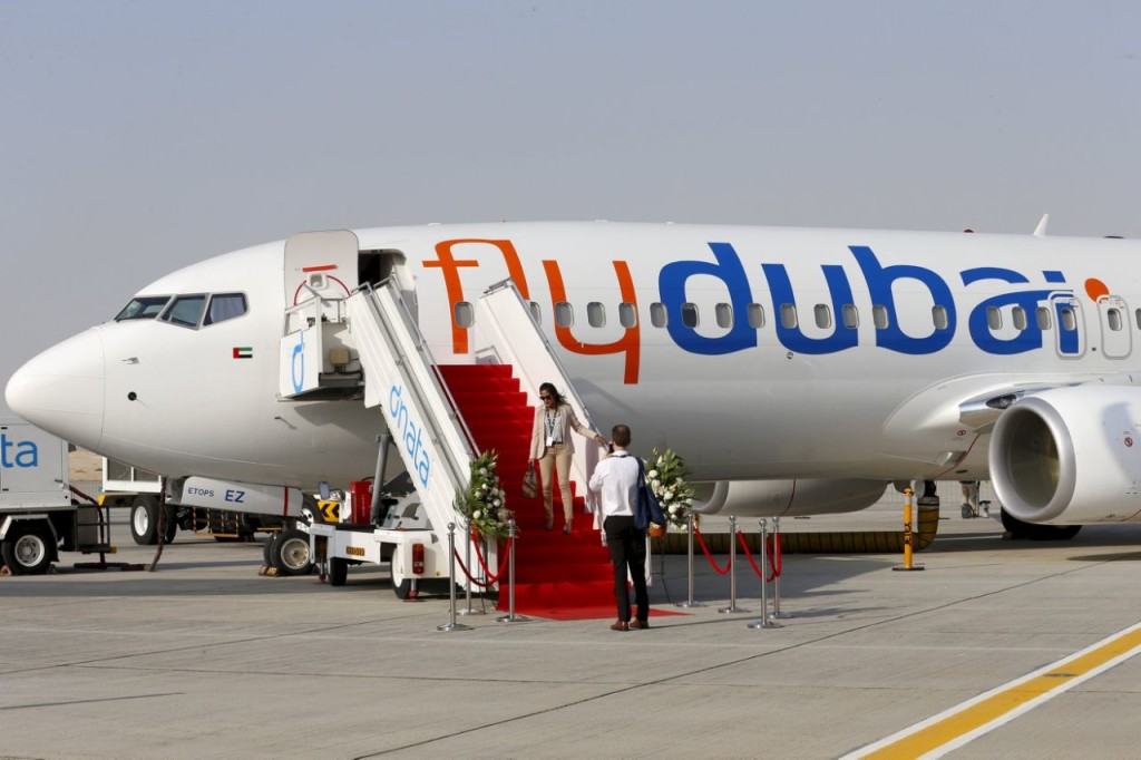 A Flydubai plane is pictured at the Dubai Airshow in this November 8, 2015