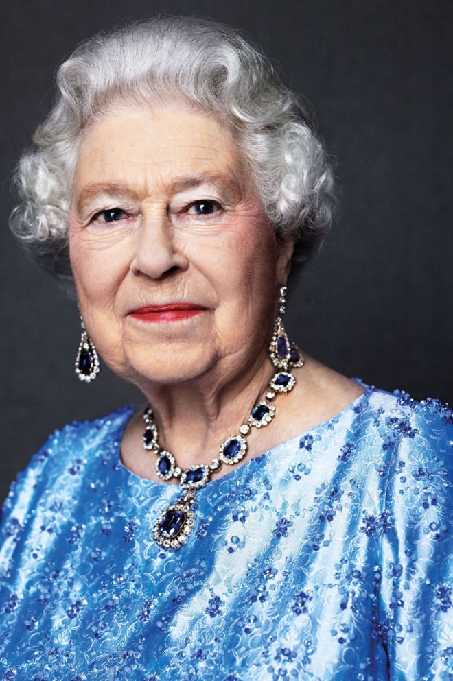 Queen Elizabeth in sapphire First British Monarch 65 years on throne