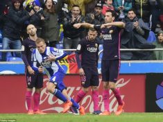 Mascherano Jordi Alba and Sergio Busquets watch as Alex Bergantinos celebrate the winner