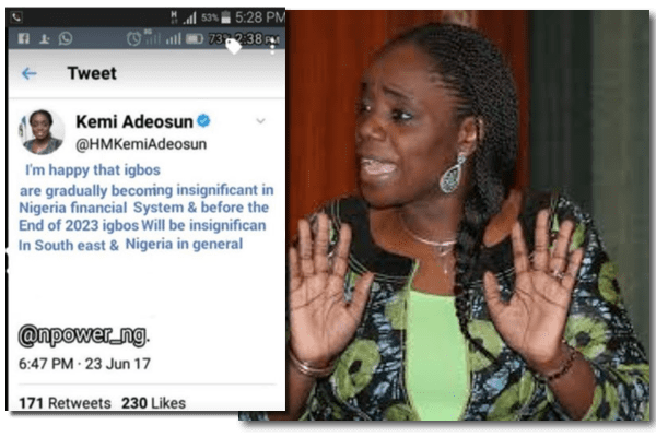 Kemi Adeosun denies insulting Igbos says tweet was a farce