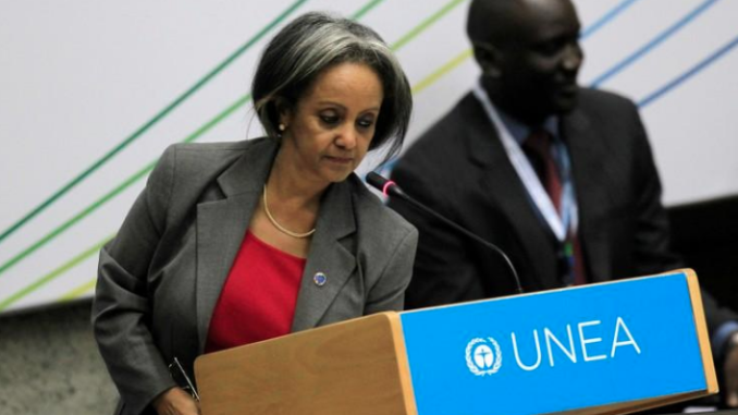 Sahle-Work Zewde, director-general of the United Nations Office at Nairobi, prepares to address delegates attending the first United Nations Environment Assembly (UNEA) in Nairobi, Kenya June 23, 2014. REUTERS/Noor Khamis/File Photo
