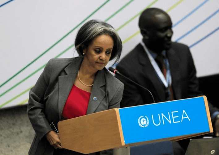 Sahle-Work Zewde, director-general of the United Nations Office at Nairobi, prepares to address delegates attending the first United Nations Environment Assembly (UNEA) in Nairobi, Kenya June 23, 2014. REUTERS/Noor Khamis/File Photo