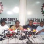 NLC President Ayuba Wabba middle adressing a world press conference at its headquarters on suspension of warning strike on new national minimum wage 768x431