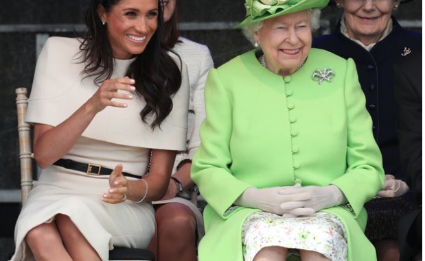 Queen Elizabeth II and the Duchess of Sussex in Cheshire on their first royal engagement together. (PA/AAP)