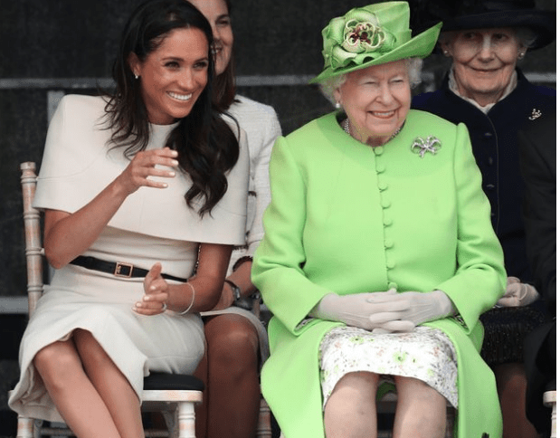 Queen Elizabeth II and the Duchess of Sussex in Cheshire on their first royal engagement together. (PA/AAP)