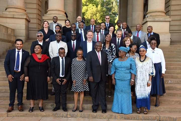 South African President Cyril Ramaphosa with Ngozi Okonjo Iweala and members of the Presidential economic advisory Council in Pretoria
