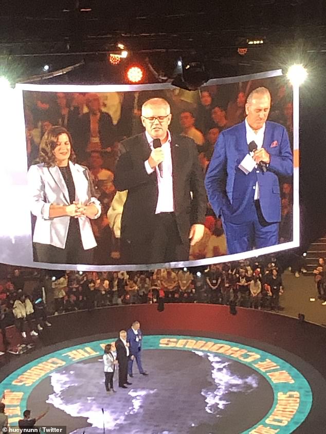Scott Morrison (pictured, centre, with wife Jenny, left, and Hillsong founder Brian Houston, right) speaks at the evangelical church's 2019 conference