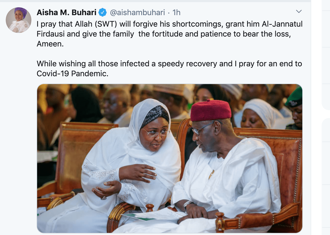 Aisha Buhari tweets Condolence Message to Family of Abba Kyari