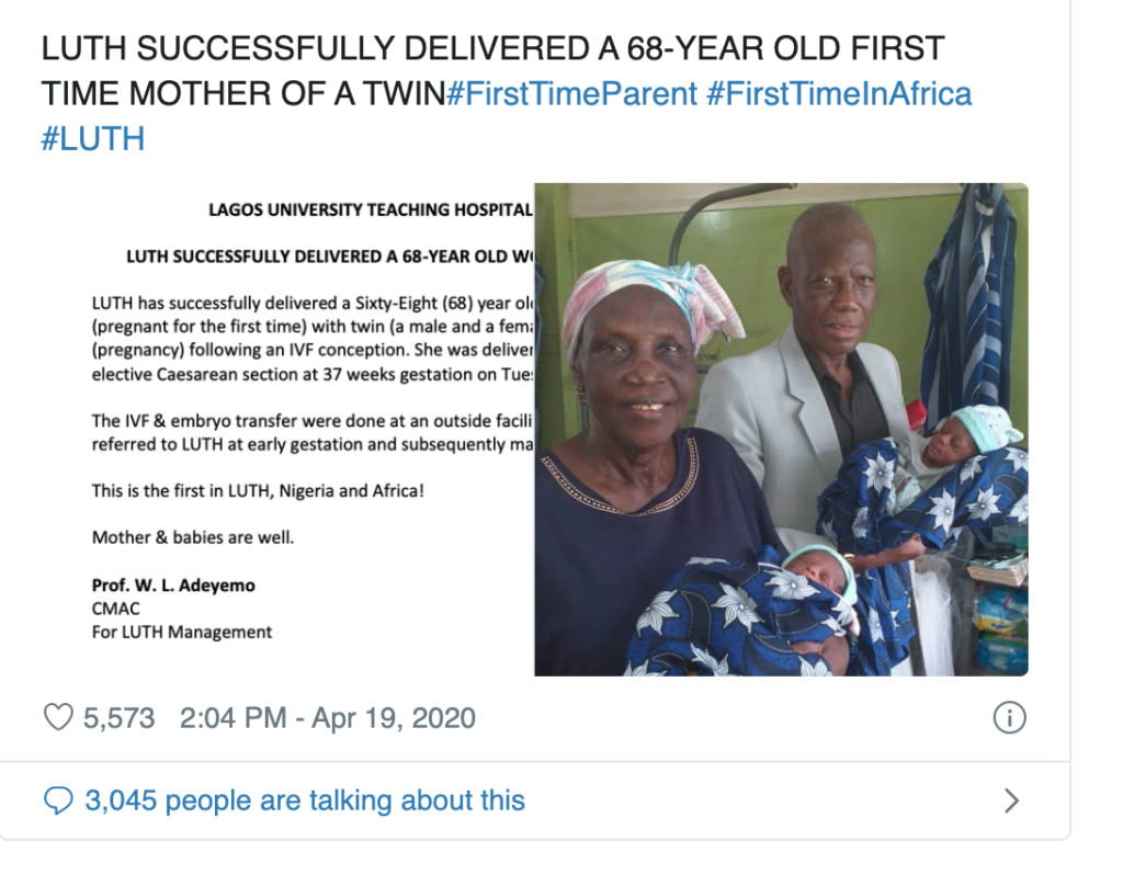 LUTH SUCCESSFULLY DELIVERED A 68-YEAR OLD FIRST TIME MOTHER OF A TWIN