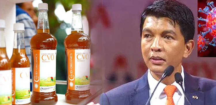 President Andry Rajoelina displaying Madagascar Corona virus Herbal Mixture
