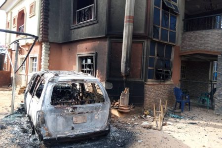 A building set ablaze during Omor Umumbo crisis