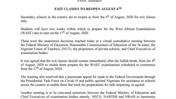 BREAKING- Federal Government Finally Confirms Opening of Schools From 4th August for final year pupils