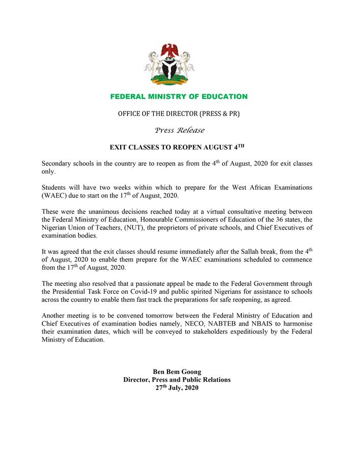 BREAKING- Federal Government Finally Confirms Opening of Schools From 4th August for final year pupils