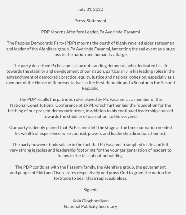 PDP Mourns Afenifere Leader, Pa Ayorinde Fasanmi 