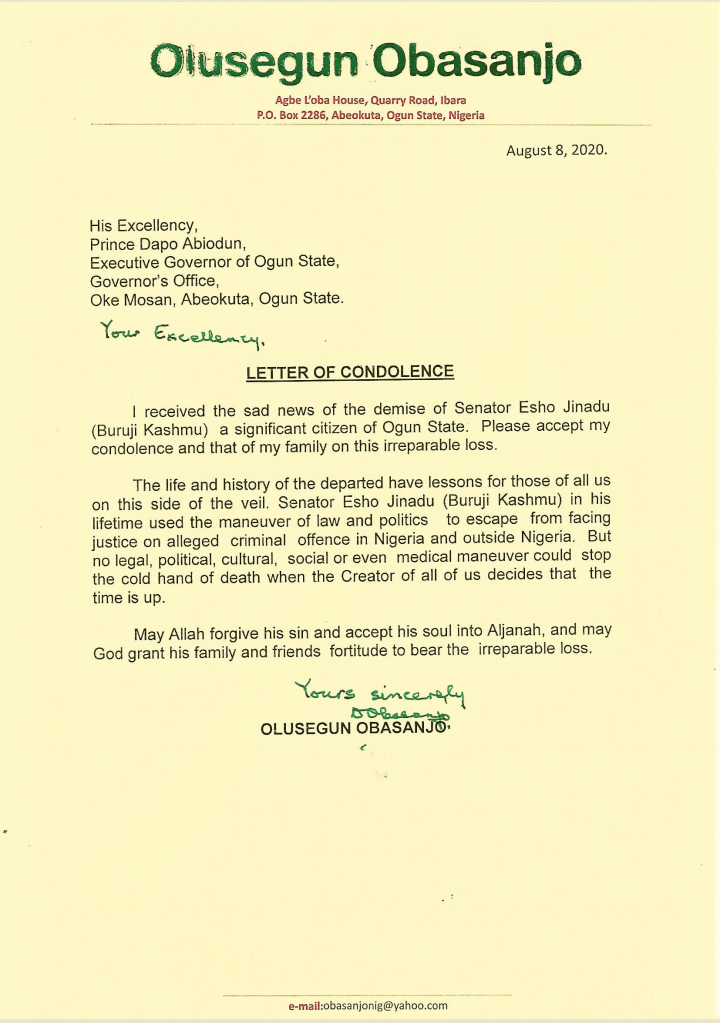 Shocking Condolence Letter Obasanjo Sent to Late Senator Kashamu's Family