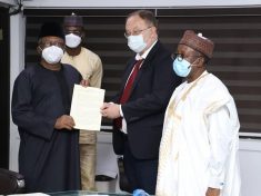 L-R The HMH Dr. Osagie Ehanire, His Excellency Alexey Shebarshin and permanent Secretary A. M Abdullah while presenting his document.