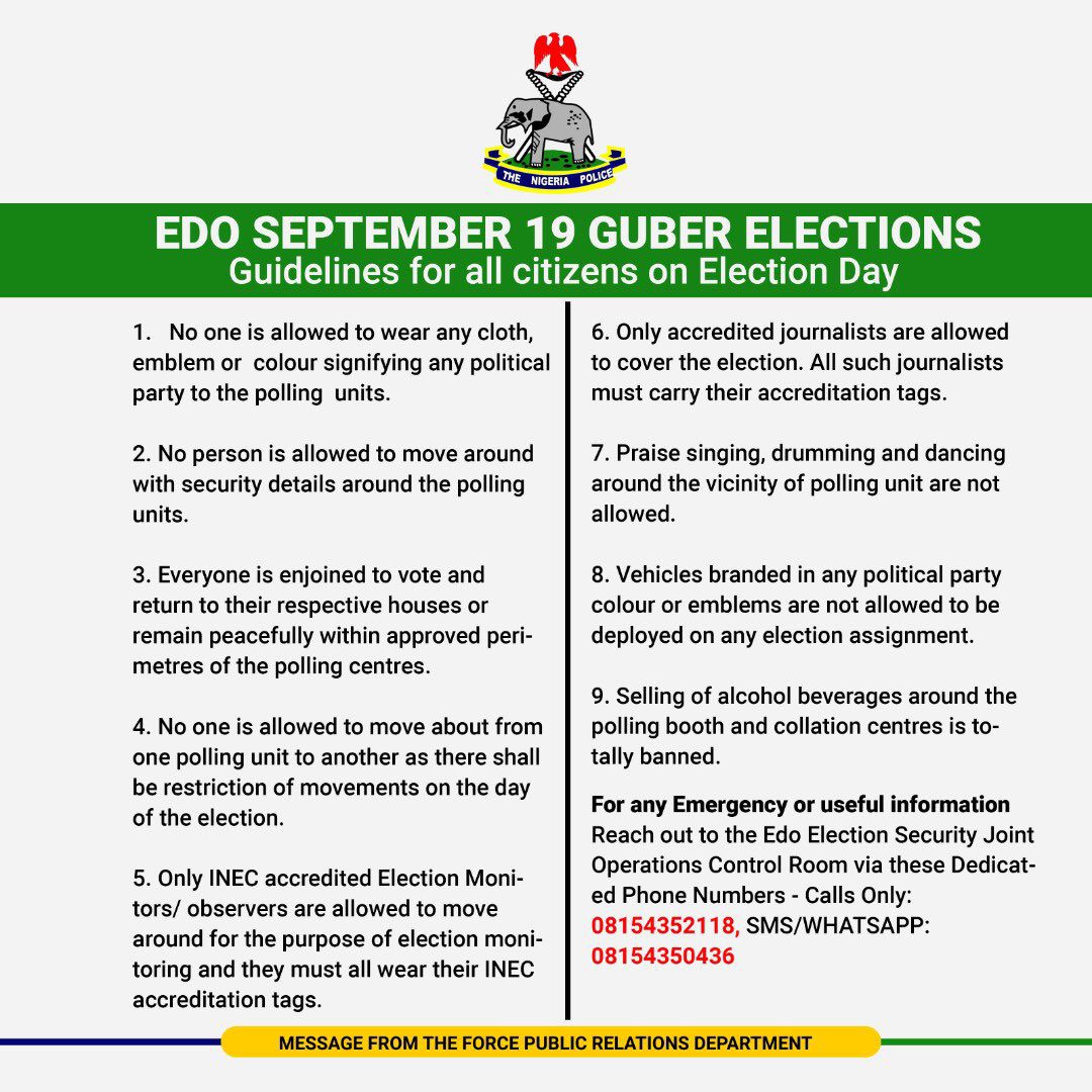 EDO GUBER ELECTION 19th SEPT 2020: Police Release 9 Strict Guidelines For All Citizens On Election Day