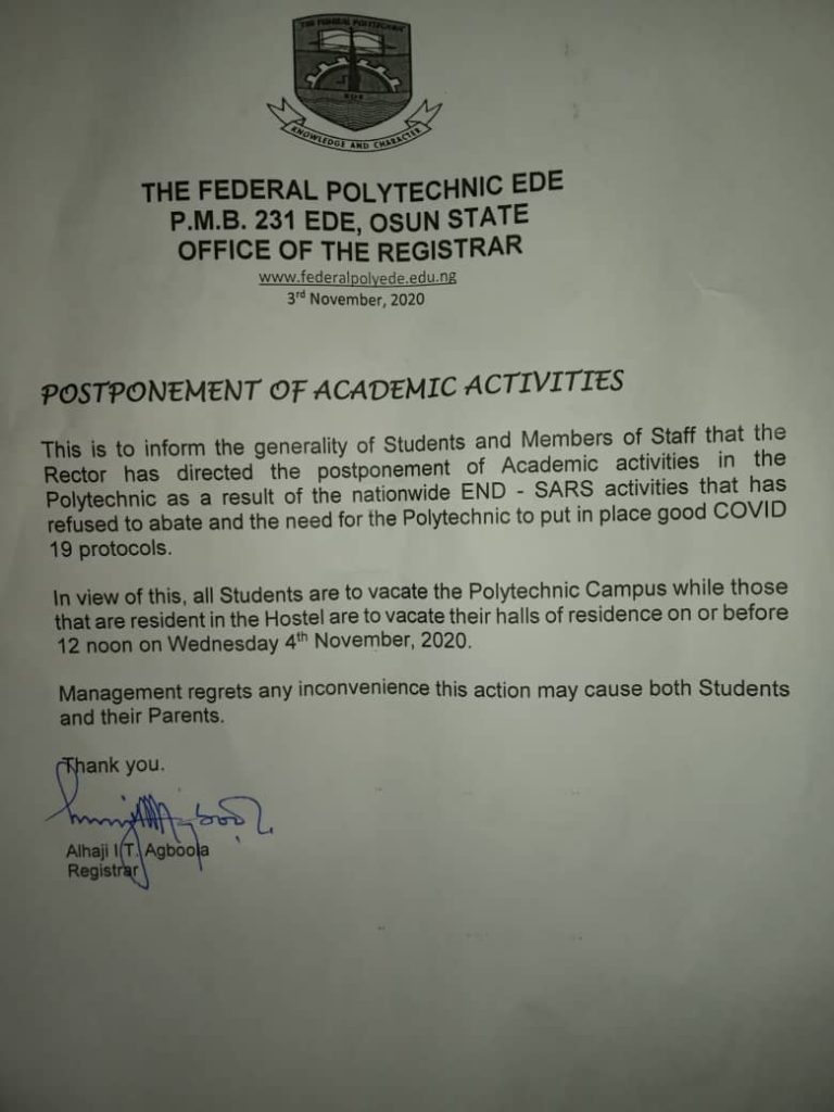 NUCJ Ede Chapter frown at management over the postponement of Academic Activities- document