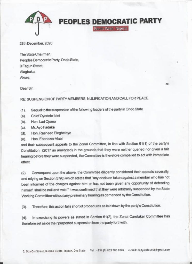 S:West Caretaker Committee Nullifies Suspension of Five Ondo PDP Chieftains, Sues For Peace - Letter page 2