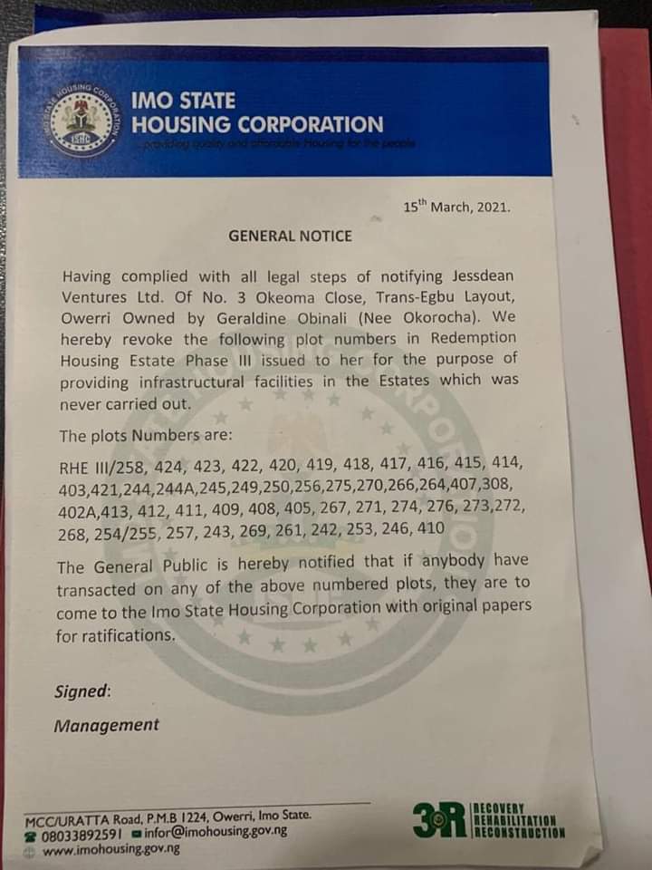 BREAKING:IMO STATE HOUSING CORPORATION REVOKES OWNERSHIP OF SOME PLOTS IN OWERRI
