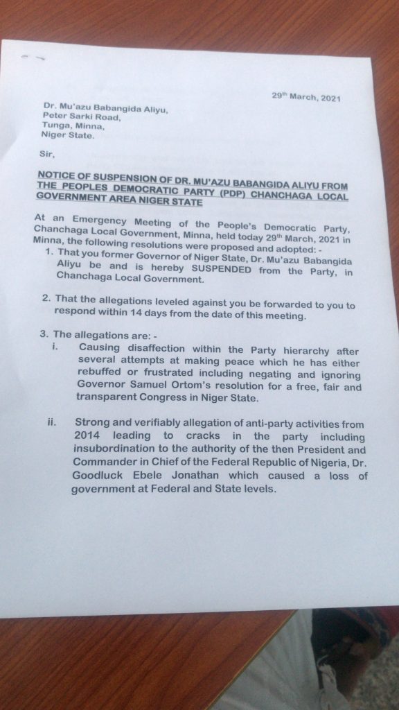 Former Governor, Mu'azu Babangida Aliyu suspended from PDP - Documents made available to 9News Nigeria