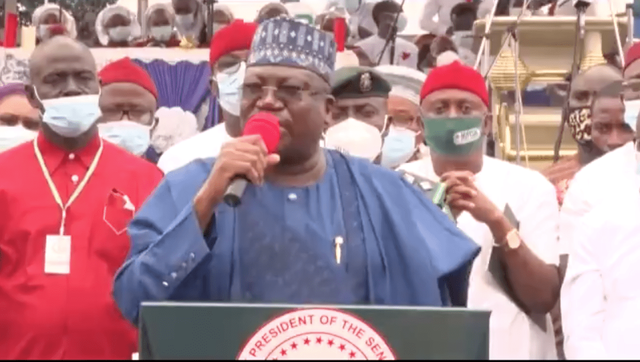 The Senate President Ahmad Lawan speaking in Imo state at the event to mark the one year in office of Governor Hope Uzodinma