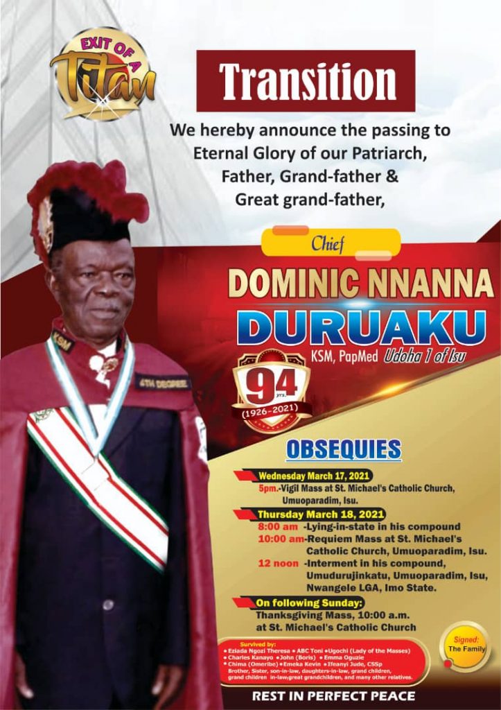 UGOCHI NNANNA- Okoro Loses Father; To be Buried Today
