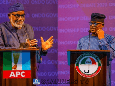 A combo photo of governor Rotimi Akeredolu and Eyitayo Jegede take part in a governorship debate in Akure