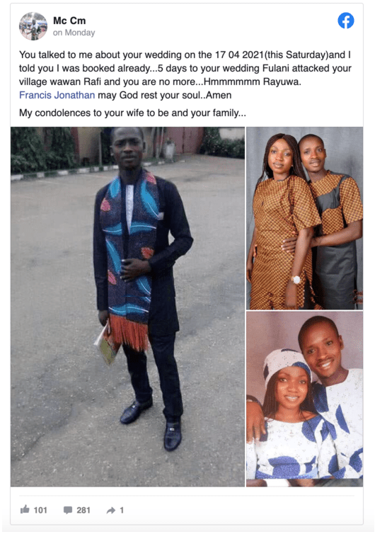 Facebook Post of Late Francis Jonathan Ayuba's death