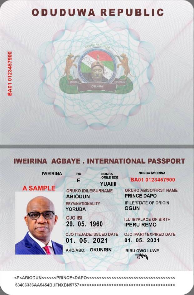 Oduduwa Republic Model Passport 2