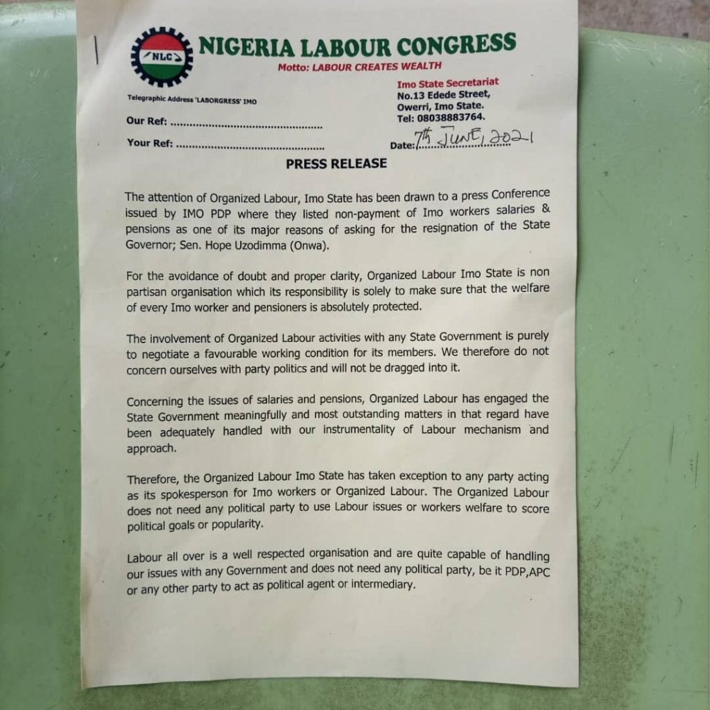 IMO NLC WARNS PDP TO STAY OFF FROM DISCUSSING WORKER'S MATTERS AS IT CONCERNS SALARIES AND PENSION 1
