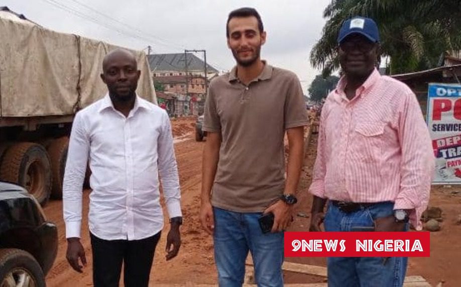 9News Nigeria Imo Correspondent Princely Onyenwe with road construction engineers