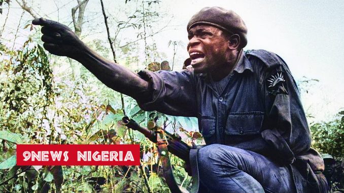 A young Biafran soldier ordering attack during the Biafra and Nigerian civil war in 1969