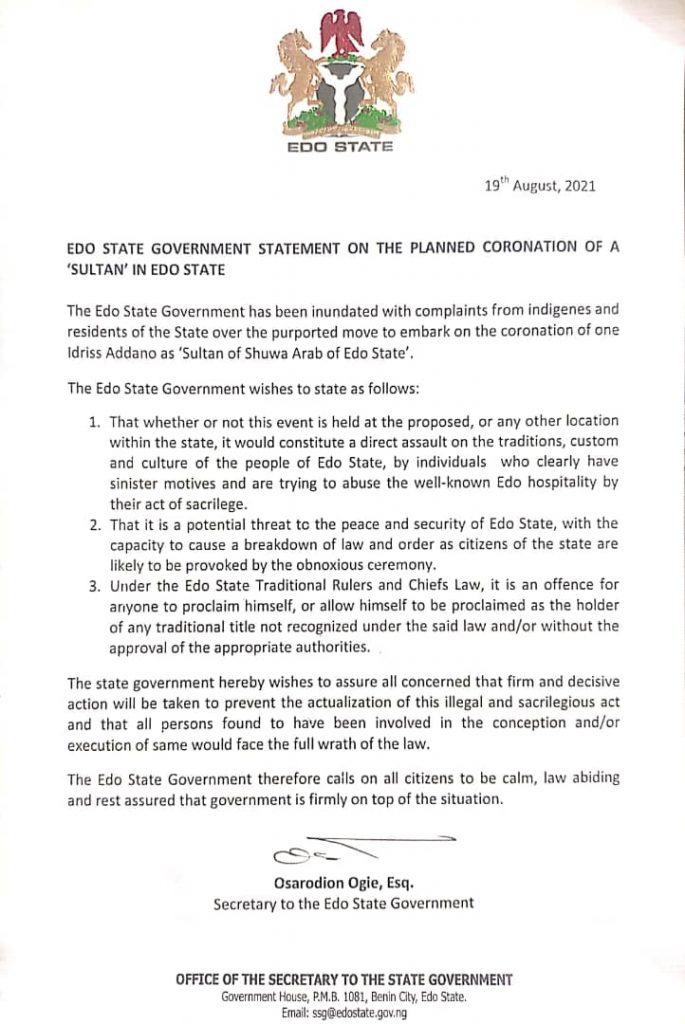 EDO STATE GOVERNMENT STATEMENT ON THE PLANNED CORONATION OF A "SULTAN" IN EDO STATE.