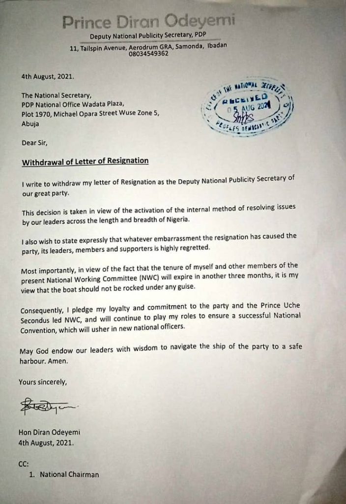 PDP Dep. National Publicity Secretary, Diran Odeyemi Withdraws Resignation