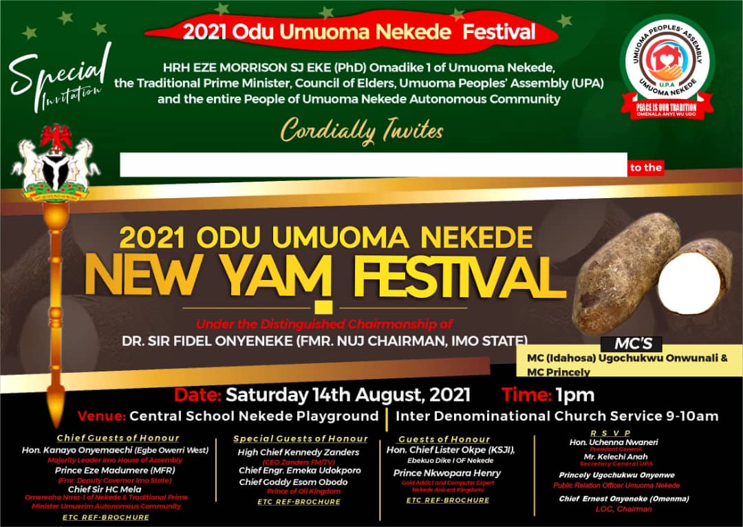 UMUOMA NEKEDE INVITES ALL AND SUNDRY TO GRACE 2021 ODU NEW YAM FESTIVAL