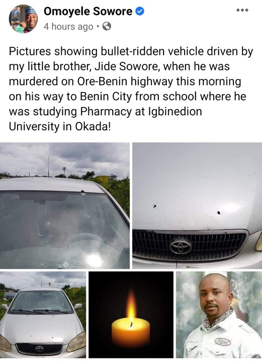 OMOYELE SOWORE MOURNS YOUNGER BROTHER, JIDE SOWORE WHO WAS SHOT AND KILLED BY UKNOWN ASSAILANTS