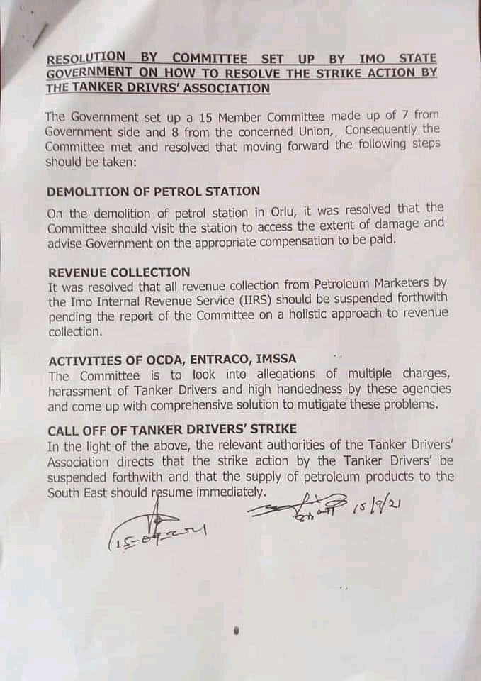 STRIKE OFF AS IMO PETROLEUM TANKER DRIVERS ASSOCIATION RESOLVE (DOCUMENTS BELOW)