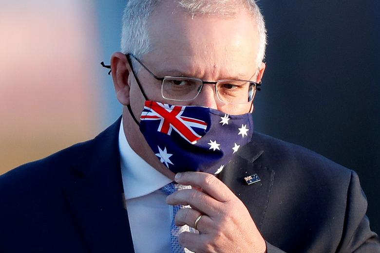 Australian Prime Minister Scott Morrison wearing Australian Flag Mask