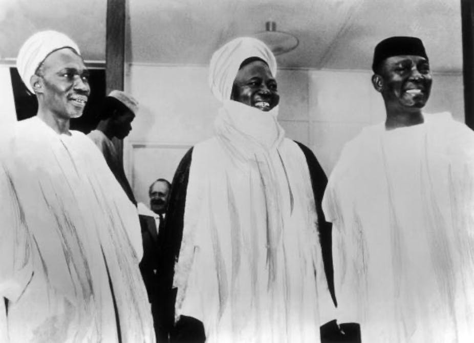Nigeria’s Prime Minister Abubakar Tafawa Balewa, leader of the Northern region, Ahmadu Bello and the Governor General, Nnamdi Azikiwe, at the celebration of Nigeria’s independence, on October 1, 1960. Keystone-France/Gamma-Keystone via Getty Images)
