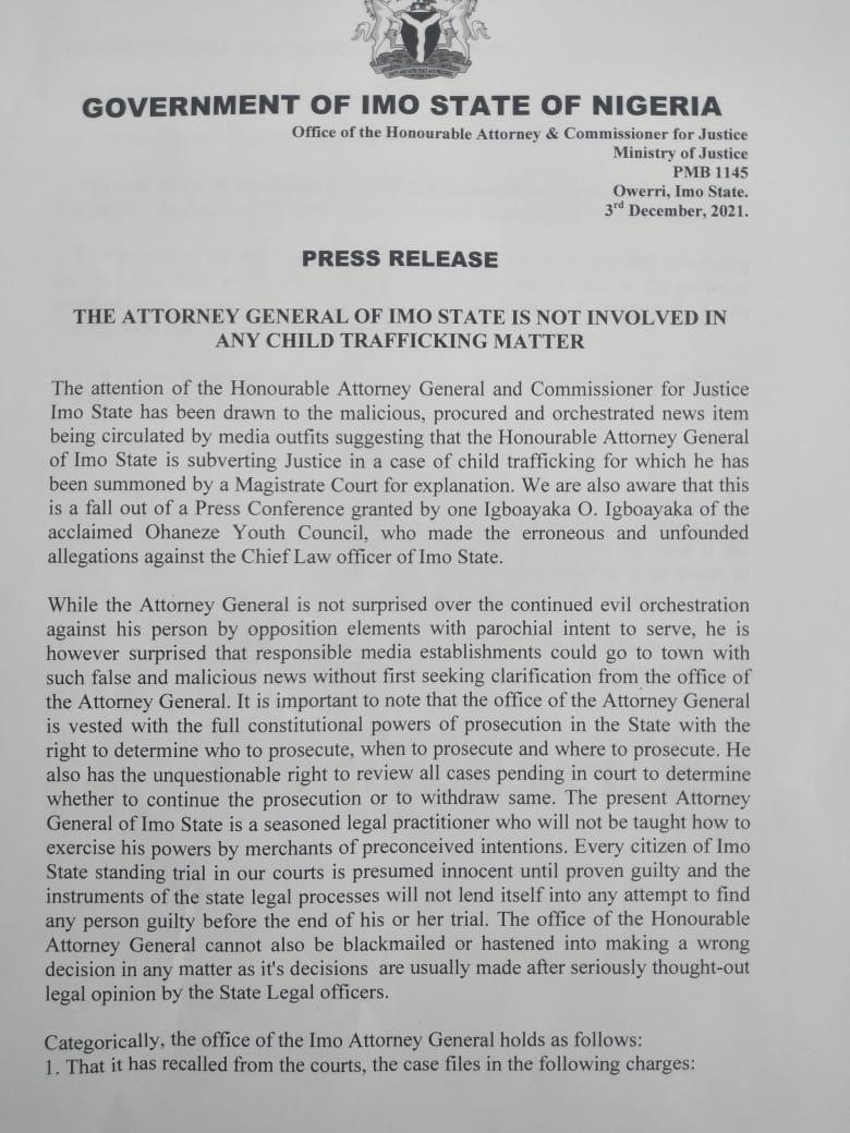 Imo Attorney General denies being involved in child trafficking rumour peddled by Igboayakas OYC group see proves