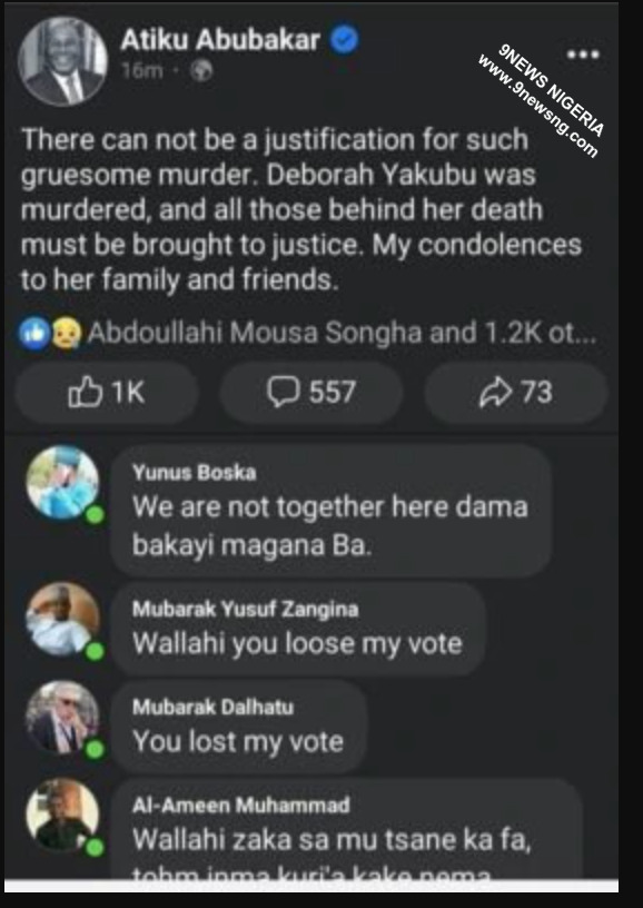 Atiku's tweet on Deborah's murder