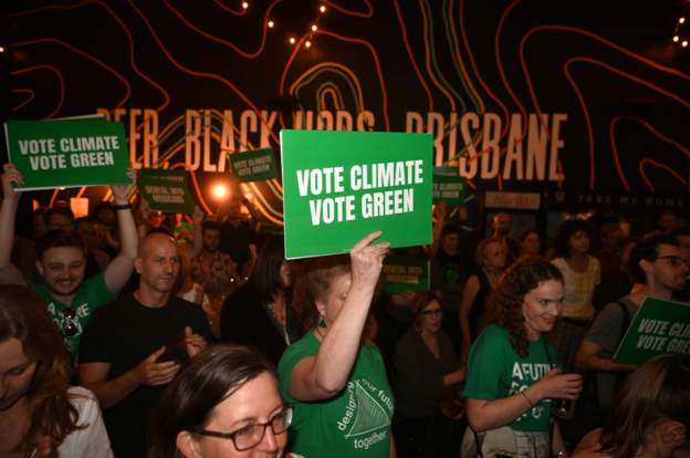 Party supporters pictured at the Greens national campaign launch in Brisbane