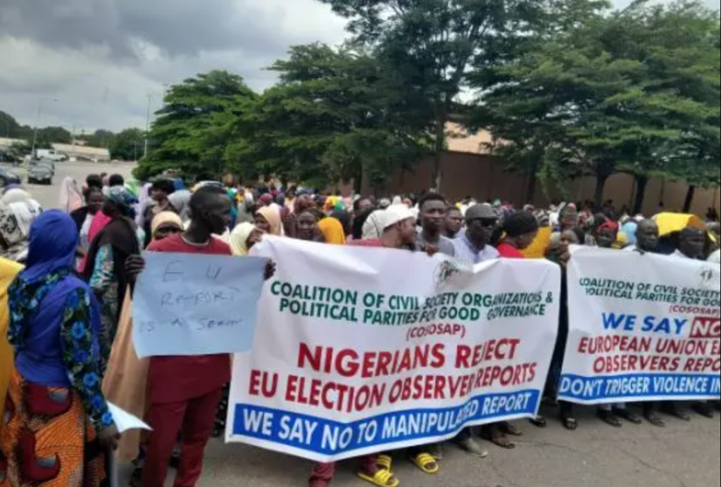 President Tinubu and APC supporters protest against the EU Election Observation Commission Report