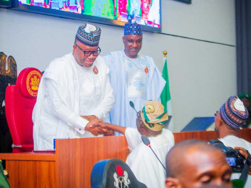 Senate President Godswill Akpabio greets President Bola Ahmed Tinubu during Budget presentation in the red chamber - source/ ThisDay