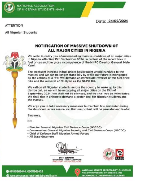 A letter from National Association of Nigerian Students (NANS) declaring Nationwide Shutdown