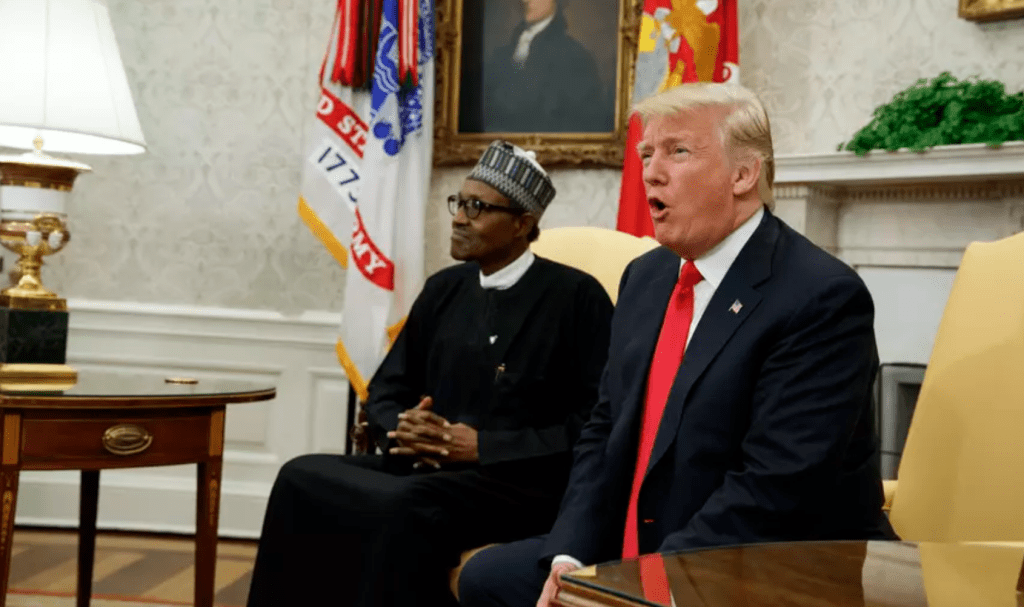 President Donald Trump meets with Nigerian President Muhammadu Buhari in the Oval Office of the White House, Monday, April 30, 2018, in Washington. (AP Photo/Evan Vucci)