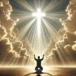 Saved by Grace A man kneeling down before the cross in the rays of light in the cloud