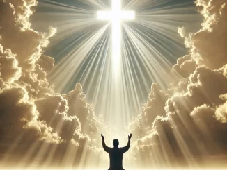 Saved by Grace: A man kneeling down before the cross in the rays of light in the cloud