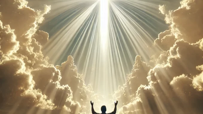 Saved by Grace: A man kneeling down before the cross in the rays of light in the cloud